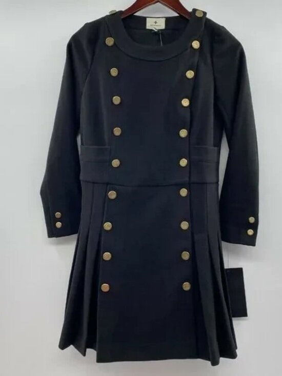 Tuckernuck Women's Black Whitney Mini Dress Pleated Gold Button Drop Waist sz M - Picture 2 of 9